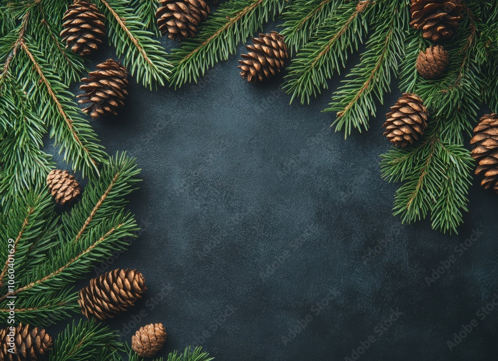 custom made wallpaper toronto digitalBackground with different types of green evergreen tree branches and cones, dark background, Christmas card or wallpaper design. Top view of green Christmas tree branches. Winter nature concept. 