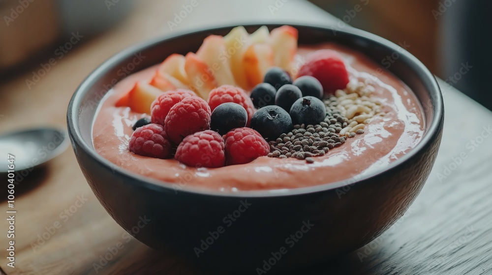 A colorful smoothie bowl brimming with fresh fruits and healthy seeds rests on a wooden table. Natural light enhances its vibrant hues, creating a refreshing and appetizing scene. A colorful smoothie bowl brimming with fresh fruits and healthy seeds rests on a wooden table. Natural light enhances its vibrant hues, creating a refreshing and appetizing scene.