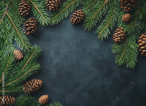Wallpaper Mural Background with different types of green evergreen tree branches and cones, dark background, Christmas card or wallpaper design. Top view of green Christmas tree branches. Winter nature concept.  Torontodigital.ca