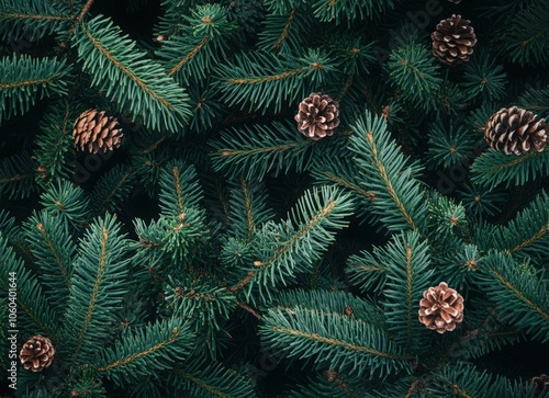 Background with different types of green evergreen tree branches and cones, dark background, Christmas card or wallpaper design. Top view of green Christmas tree branches. Winter nature concept. 