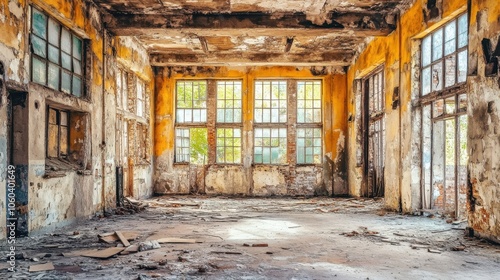 Abandoned Industrial Interior with Sunlight Streaming Through Windows