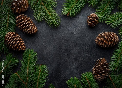 Background with different types of green evergreen tree branches and cones, dark background, Christmas card or wallpaper design. Top view of green Christmas tree branches. Winter nature concept.