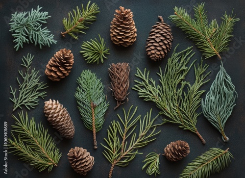 Background with different types of green evergreen tree branches and cones, dark background, Christmas card or wallpaper design. Top view of green Christmas tree branches. Winter nature concept.
