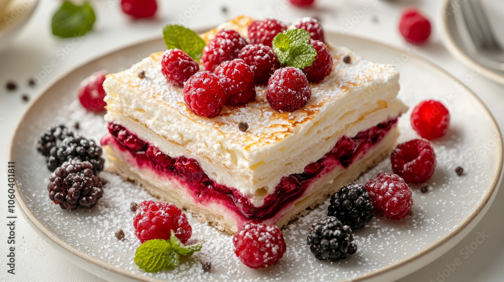 Delight in this exquisite vanilla mille crêpe, layered with fresh raspberries and blackberries, topped with mint leaves and dusting of powdered sugar, perfect for any dessert lover Delight in this exquisite vanilla mille crêpe, layered with fresh raspberries and blackberries, topped with mint leaves and dusting of powdered sugar, perfect for any dessert lover