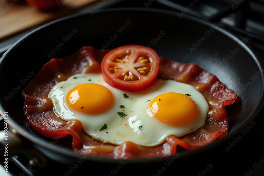Frying pan top view in it two fried eggs with bacon and tomato slices. Frying pan top view in it two fried eggs with bacon and tomato slices.