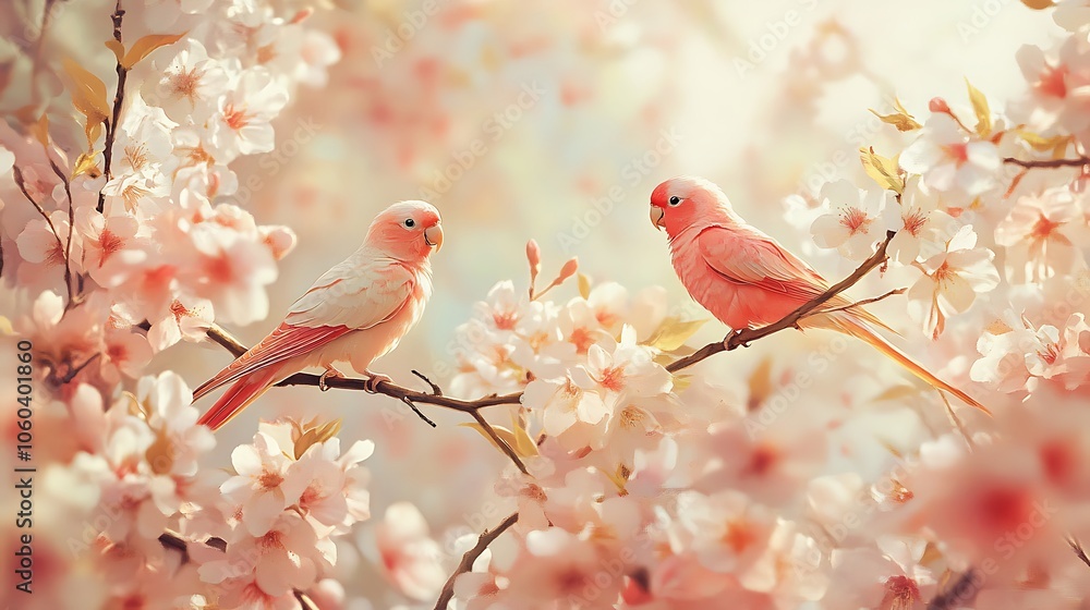 Parakeets perched playfully among a sea of cherry blossoms, bright pink blooms and soft petals filling the frame, warm spring light, detailed feathers, peaceful and lively atmosphere. --ar 16:9 Parakeets perched playfully among a sea of cherry blossoms, bright pink blooms and soft petals filling the frame, warm spring light, detailed feathers, peaceful and lively atmosphere. --ar 16:9