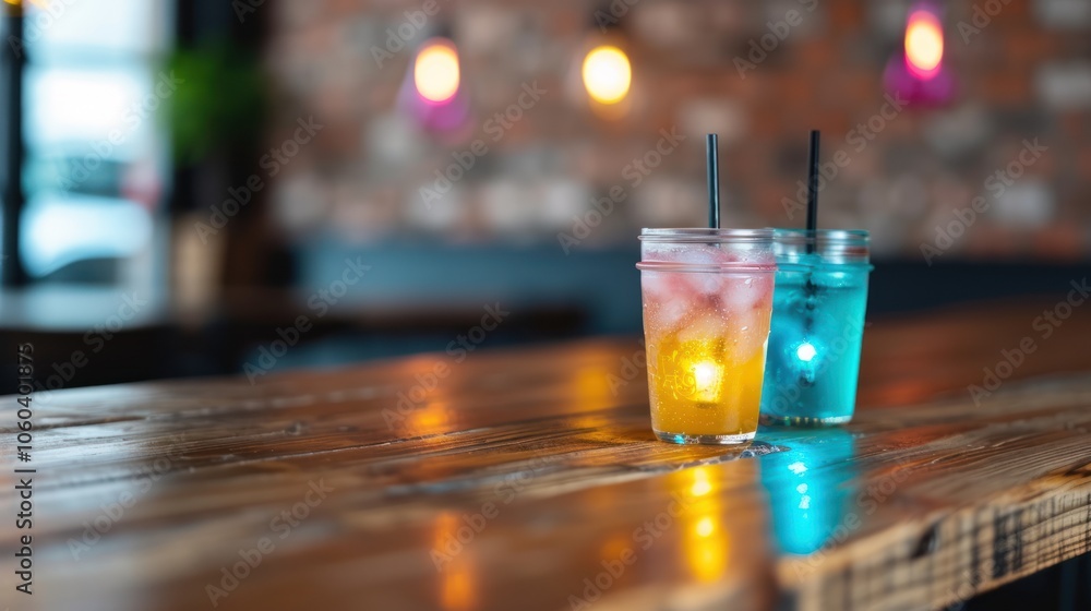 Two colorful drinks in clear glasses sit on a wooden table, with vibrant lighting enhancing the lively atmosphere. Two colorful drinks in clear glasses sit on a wooden table, with vibrant lighting enhancing the lively atmosphere.