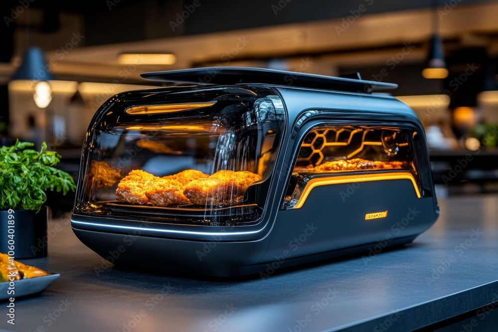 Frying Technology High-tech fryer with transparent sides showing food turning golden ...