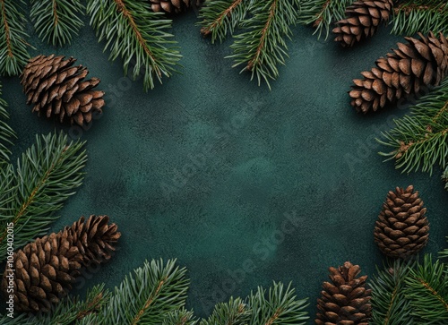 Background with different types of green evergreen tree branches and cones, dark background, Christmas card or wallpaper design. Top view of green Christmas tree branches. Winter nature concept. 
