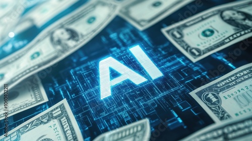 Obraz na płótnie Artificial intelligence meets wealth creation in a high-tech landscape with dollar bills and coding elements