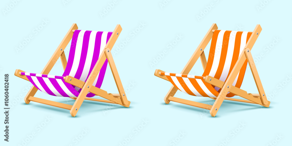 realistic striped beach chairs,deck chairs isolated on the light blue background vector illustration. summer vacation leisure chairs. realistic striped beach chairs,deck chairs isolated on the light blue background vector illustration. summer vacation leisure chairs.