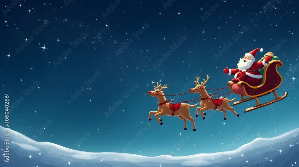 Obraz premium Santa Claus's sleigh flies in the sky between the bright stars. Reindeer pull a sleigh with Santa Claus in the sky. Cartoon Santa. Santa Claus in the sky at night.