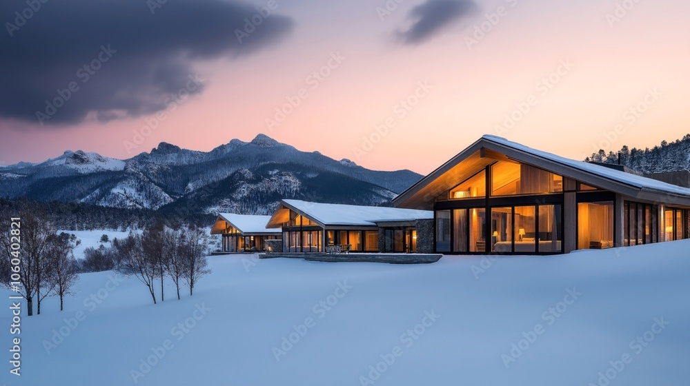 Modern cabin-style houses with large windows illuminated from within, set in a snowy mountain landscape at sunset, featuring distant mountains and a serene winter environment. Modern cabin-style houses with large windows illuminated from within, set in a snowy mountain landscape at sunset, featuring distant mountains and a serene winter environment.