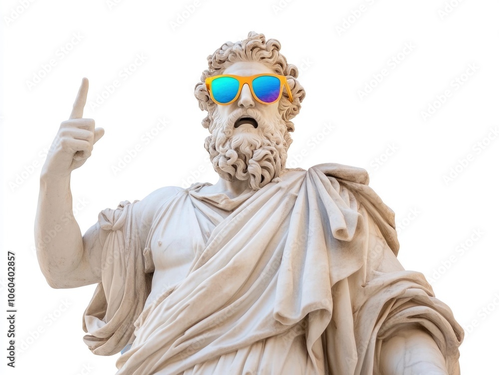 Obraz premium shocked and scream marble statue of Zeus wear colorful sunglasses, pointing finger, ancient clothes, isolated on white background