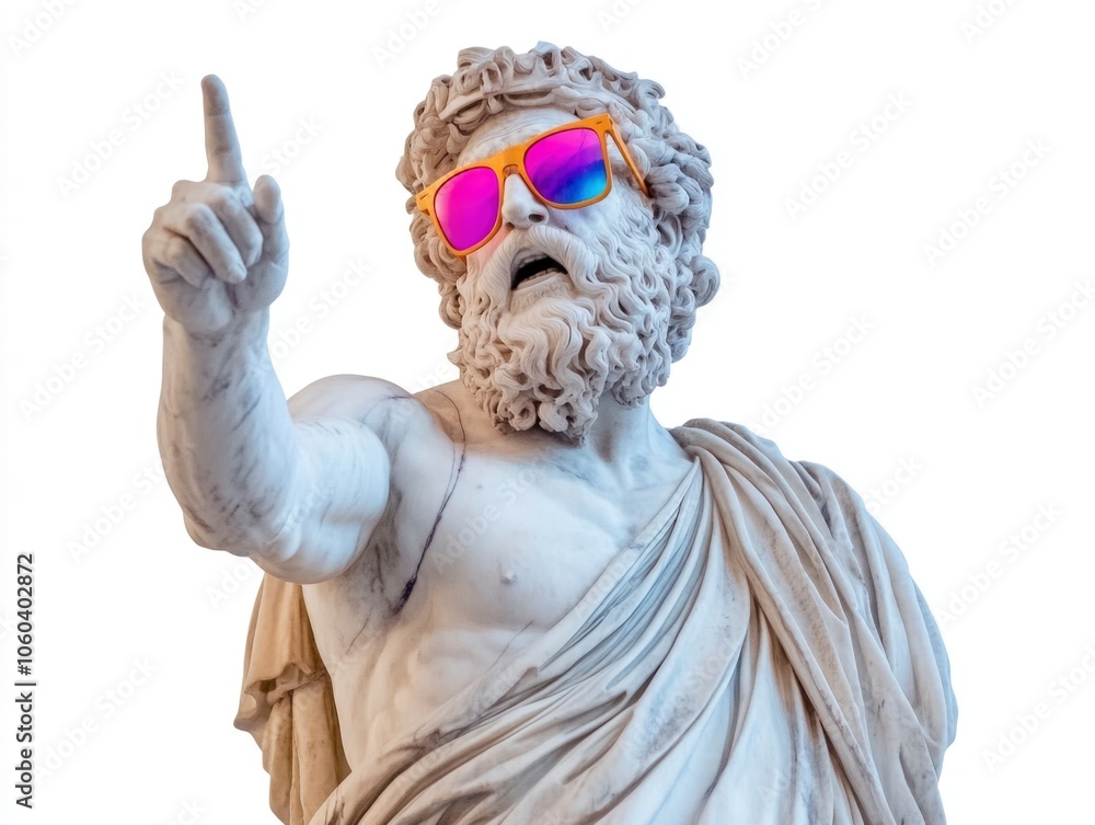shocked and scream marble statue of Zeus wear colorful sunglasses, pointing finger, ancient clothes, isolated on white background shocked and scream marble statue of Zeus wear colorful sunglasses, pointing finger, ancient clothes, isolated on white background