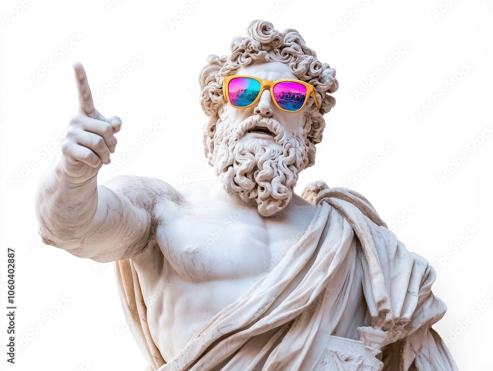 shocked and scream marble statue of Zeus wear colorful sunglasses, pointing finger, ancient clothes, isolated on white background shocked and scream marble statue of Zeus wear colorful sunglasses, pointing finger, ancient clothes, isolated on white background