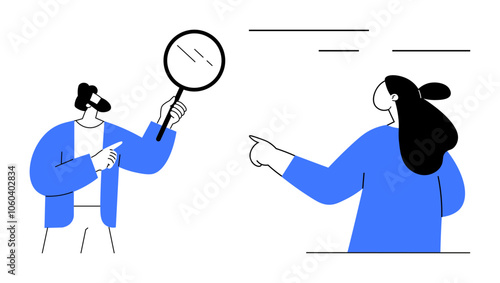 Two business professionals, one holding a magnifying glass and the other pointing. Ideal for teamwork, data analysis, collaboration, business, research. Minimalistic, clean, modern style