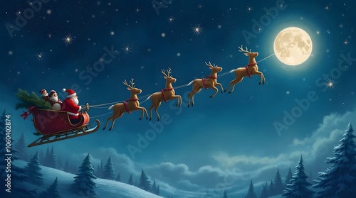 Four deer with big antlers are pulling a sleigh with Santa Claus in the sky. Santa Claus on reindeer rushes into houses to give gifts. Saint Nicholas in the sky on a sleigh.