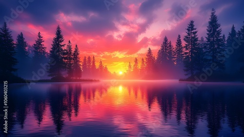 Serene Sunset Reflection Over Forested Lake