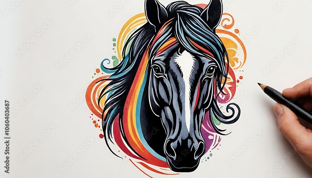 Obraz premium horse tattoo,Ethereal black horse head emerging from mist, symbolizing freedom and grace in nature, 9456