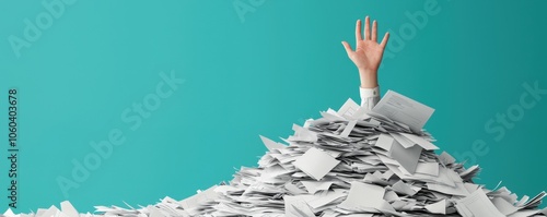 Worker burnout and overload concept. A hand emerges from a large pile of paper symbolizing overwhelm or the struggle to manage excessive paperwork