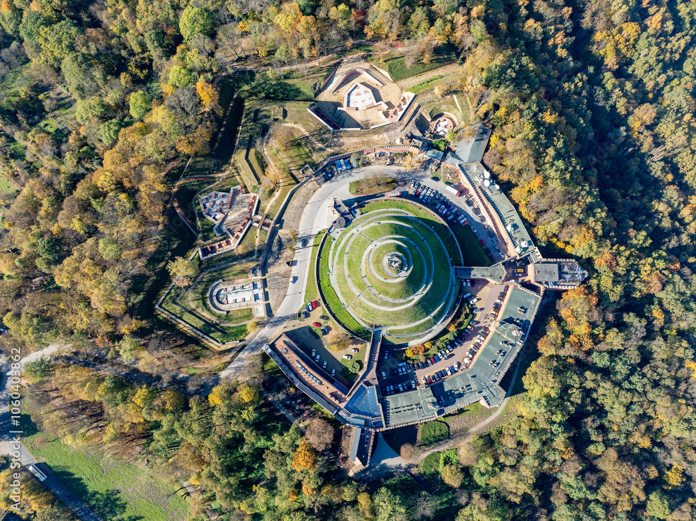 Kosciuszko Mound (Kopiec Kosciuszki) in Krakow, Poland. Erected 1823 commemorates Tadeusz Kosciuszko, surrounded by citadel and fort. Newly renovated in 2024. New excavations. Aerial view from above