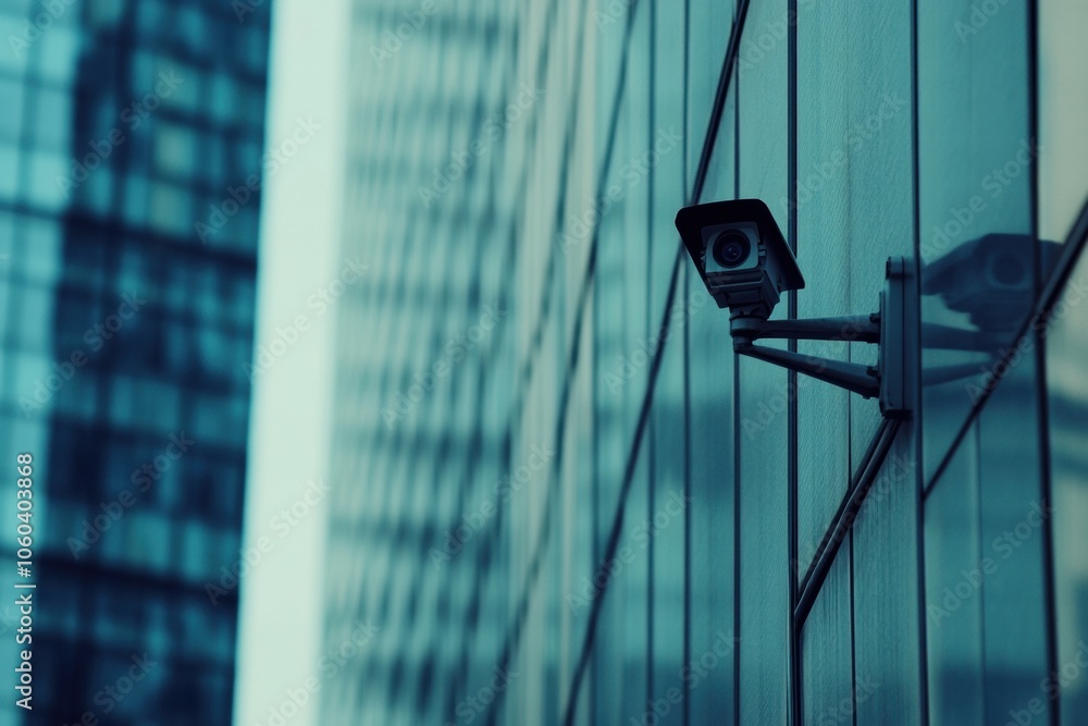 Obraz premium A surveillance camera is visible on the exterior of an office building, overseeing the surrounding area and capturing activities below. Generative AI