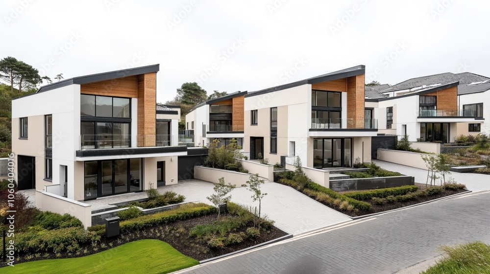 Modern residential area with contemporary detached houses featuring large windows, clean lines, and landscaped gardens in a suburban neighborhood setting. Modern residential area with contemporary detached houses featuring large windows, clean lines, and landscaped gardens in a suburban neighborhood setting.