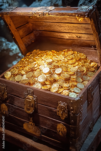 A treasure chest overflowing with gold coins, captured with a shallow depth of field to emphasize the gleaming coins. Perfect for themes of wealth, adventure, and hidden treasures.