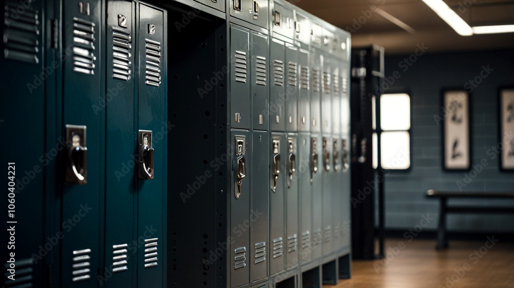 A clean and organized gym locker room with blue lockers, colorful athletic apparel, and exercise equipment. A spacious and inviting environment for fitness enthusiasts. A clean and organized gym locker room with blue lockers, colorful athletic apparel, and exercise equipment. A spacious and inviting environment for fitness enthusiasts.
