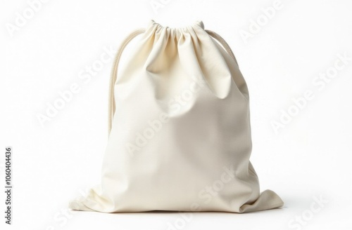 A minimalist white drawstring bag sits prominently against a plain background, showcasing its versatile design ideal for storage, organization, or gifting