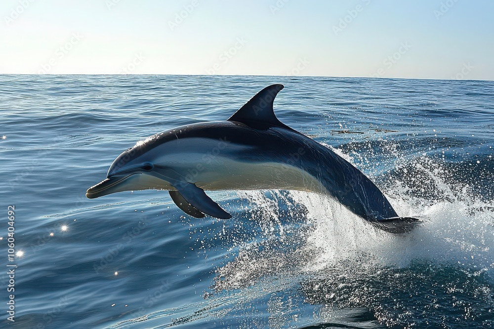 Fototapeta premium A dolphin leaping out of the ocean in slow motion, water spraying upwards as it arcs towards the sky, sparkling sunlight reflecting off the water surface