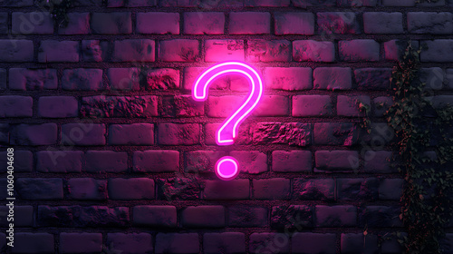 Pink neon question mark on brick wall