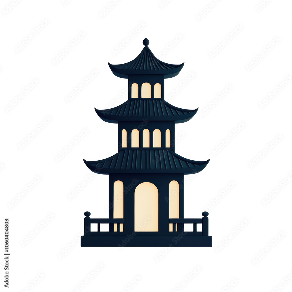 Naklejka premium 3D illustration of a traditional pagoda with intricate details and illuminated windows, showcasing cultural and architectural beauty. Isolated on transparent background, png.
