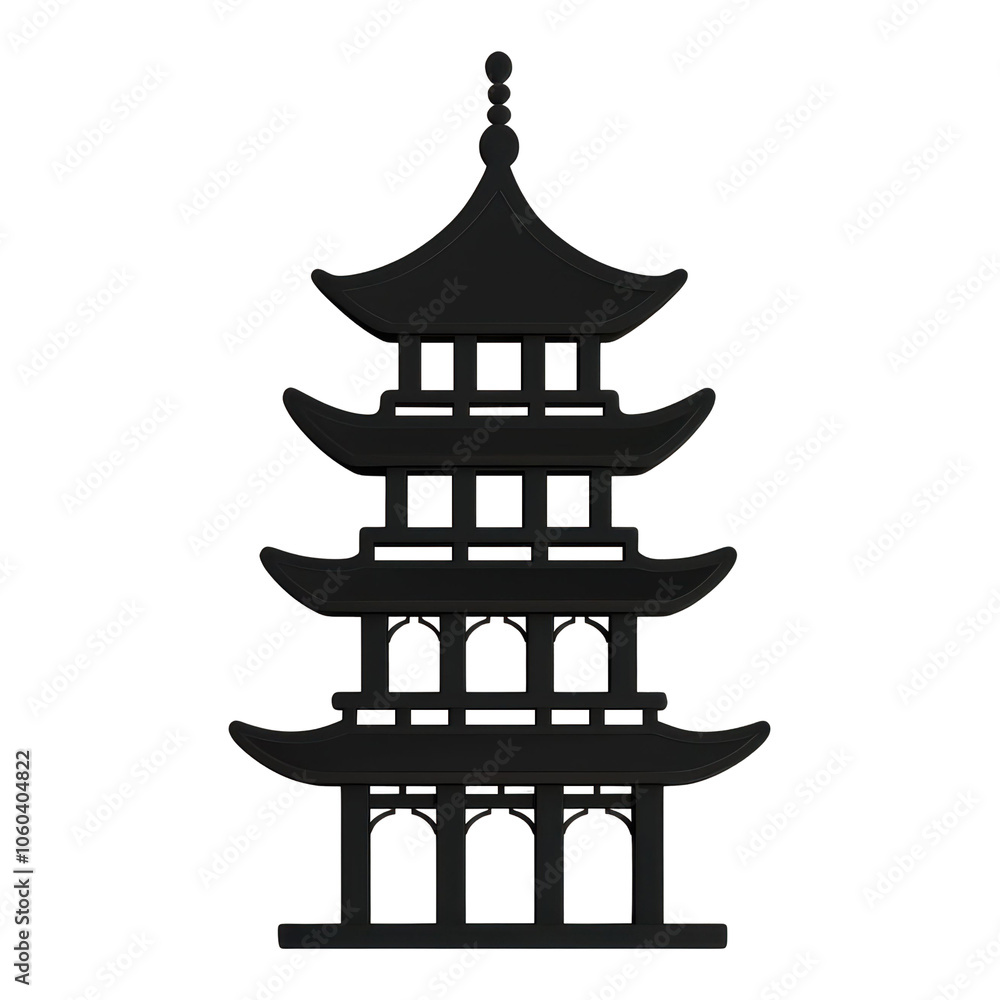 3D silhouette of an Asian pagoda with clean lines and dark tones, representing a bold and minimalistic style. Isolated on transparent background, png. 3D silhouette of an Asian pagoda with clean lines and dark tones, representing a bold and minimalistic style. Isolated on transparent background, png.
