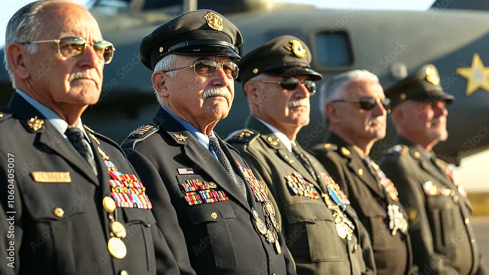 A group of veterans of various military branches standing together in front of a military aircraft, proudly wearing their uniforms and medals A group of veterans of various military branches standing together in front of a military aircraft, proudly wearing their uniforms and medals