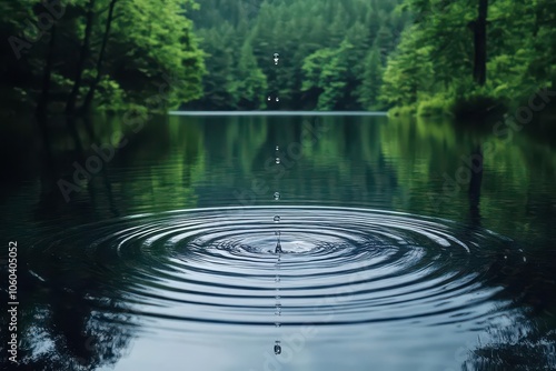 Slowmotion shot of raindrops falling into a pristine forest lake, each ripple spreading outwards, surrounded by towering trees and the sound of nature