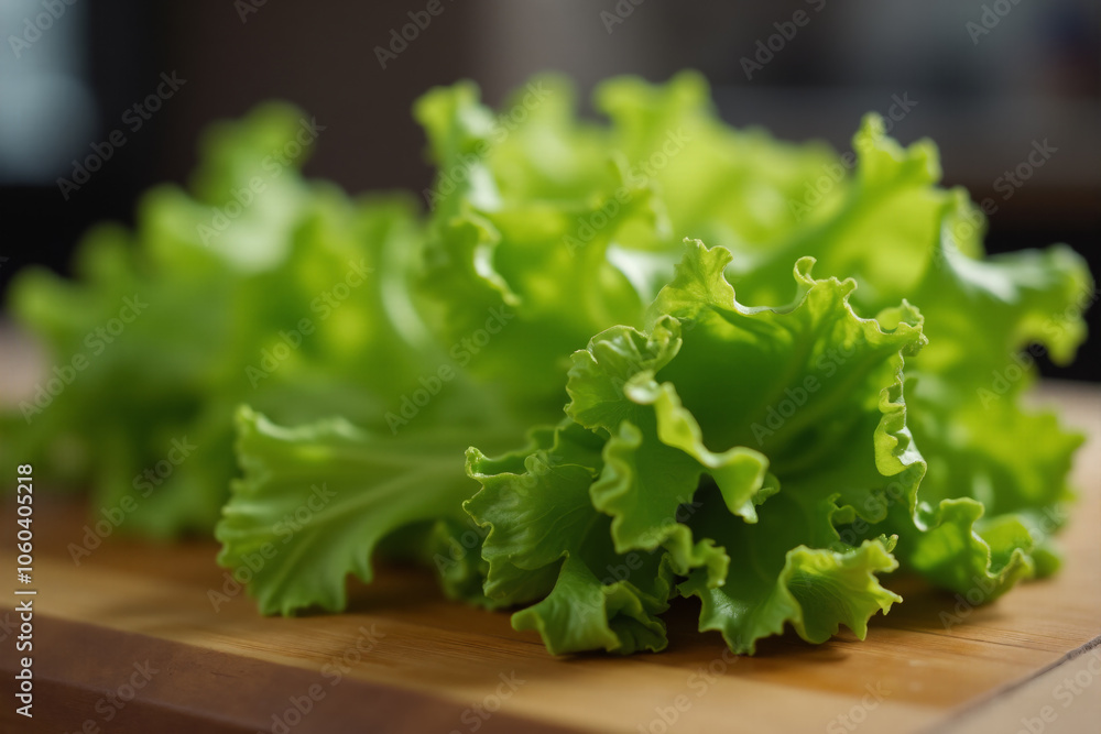 Сlose-up lettuce leaves on a cutting kitchen board Сlose-up lettuce leaves on a cutting kitchen board