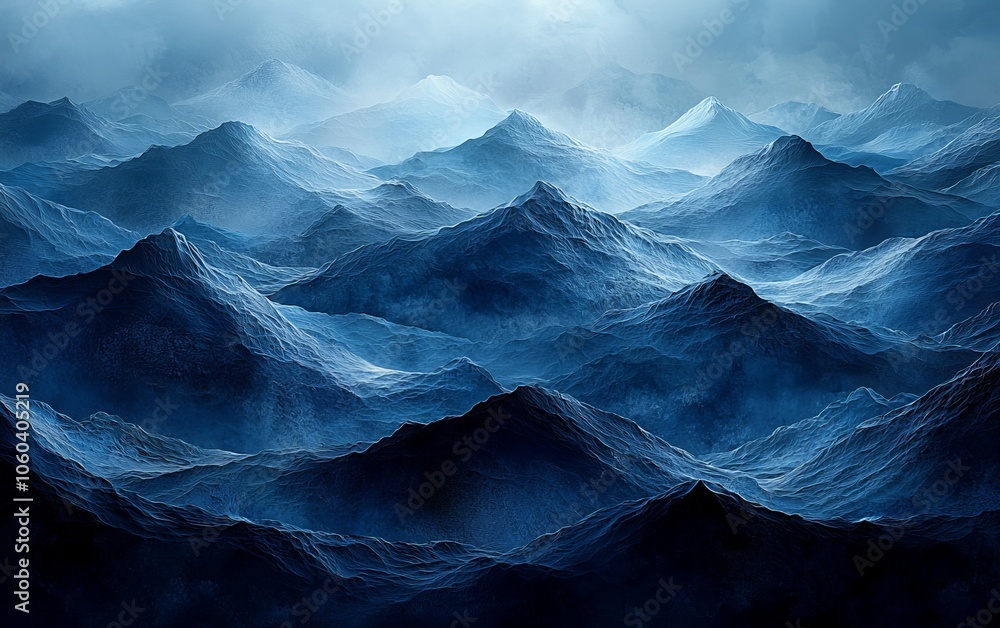 A serene depiction of misty blue mountains, evoking calmness and depth. A serene depiction of misty blue mountains, evoking calmness and depth.
