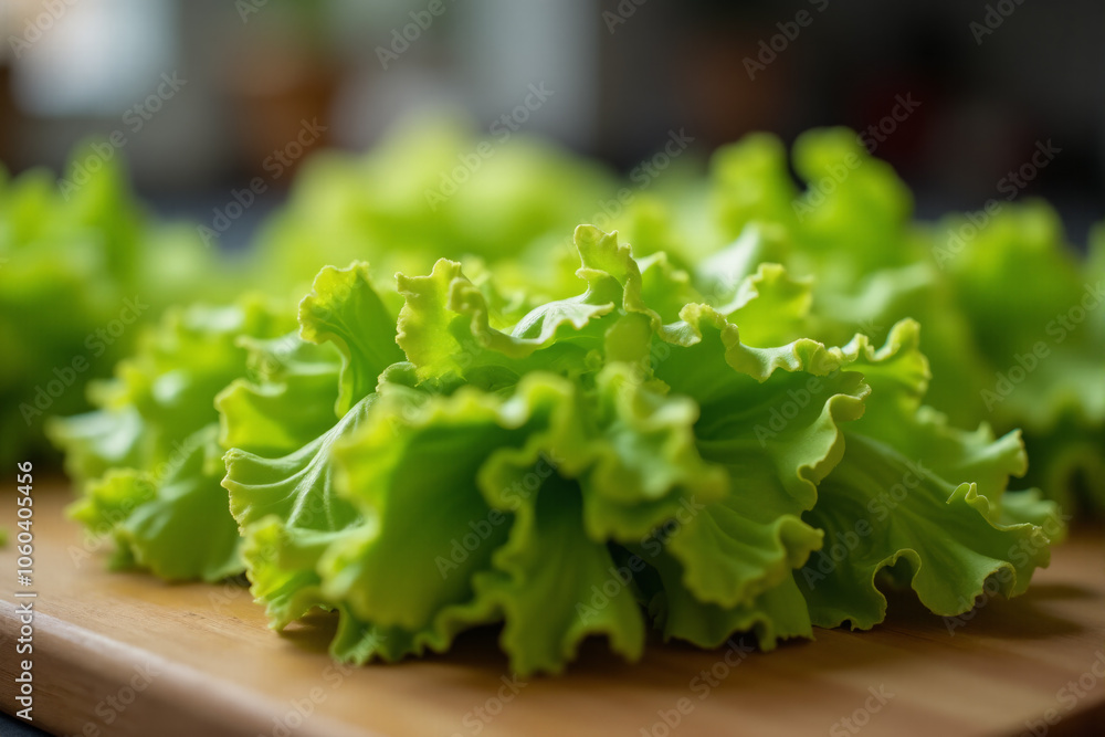 Сlose-up lettuce leaves on a cutting kitchen board