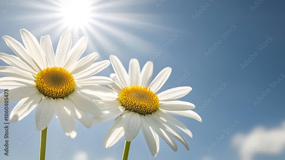 Two White Daisies Under Blue Sky Abstract Gradient Background with Copy Space Two White Daisies Under Blue Sky Abstract Gradient Background with Copy Space