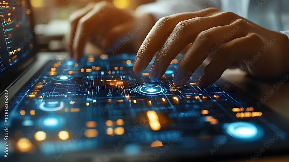 Fototapeta premium Digital Interface Illustration - Hands Interacting with Futuristic Technology
