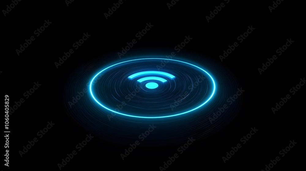 A blue neon cirular, glowing on a black background. The wireless icon for an action or intercom system, with a simple and minimal design and rounded corners A blue neon cirular, glowing on a black background. The wireless icon for an action or intercom system, with a simple and minimal design and rounded corners