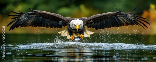 Bald Eagle Catching Fish A bald eagle swooping down towards a lake in slow motion, talons extended as it skims the water, creating ripples while snatching a fish
