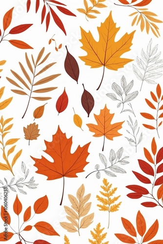 Colorful autumn leaves pattern on white background for seasonal design concepts with copy space 