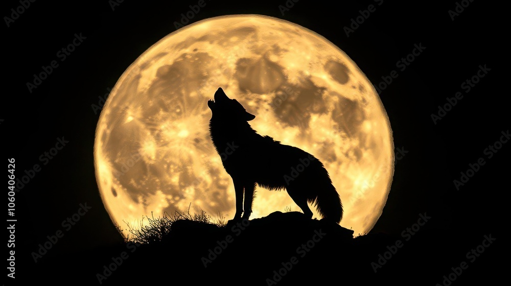 Wolf Howling at Moon A wolf standing on a hill under the full moon, captured in slow motion as it throws its head back to howl, the wind gently rustling its fur Wolf Howling at Moon A wolf standing on a hill under the full moon, captured in slow motion as it throws its head back to howl, the wind gently rustling its fur