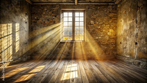 Sunlight streams through a weathered window, illuminating a dusty room with wooden floors and aged brick walls.