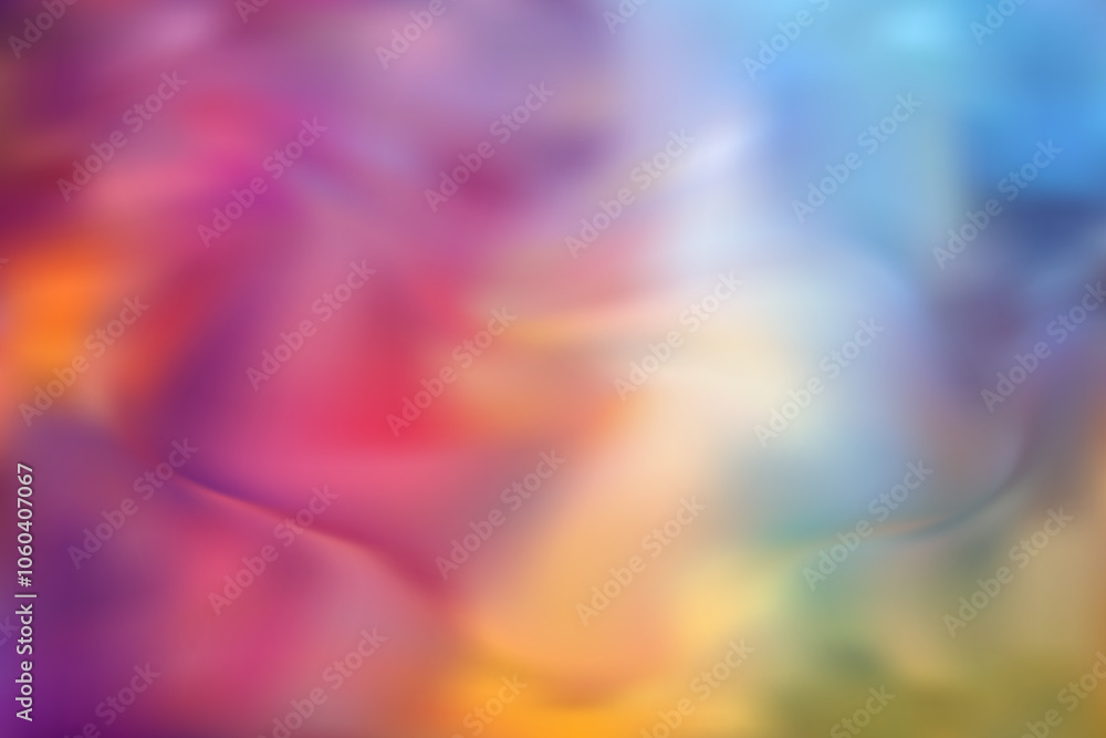 Obraz premium Soft holographic gradient with a smooth blurry effect. The colors transition gently between cool blues, greens, warm yellows, and pinks, creating a serene dreamy abstract vector background.