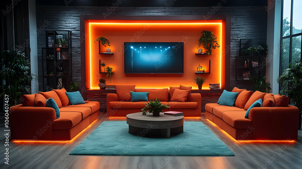 Modern Living Room Interior Design with Orange Couch and Blue Rug - Illustration Modern Living Room Interior Design with Orange Couch and Blue Rug - Illustration