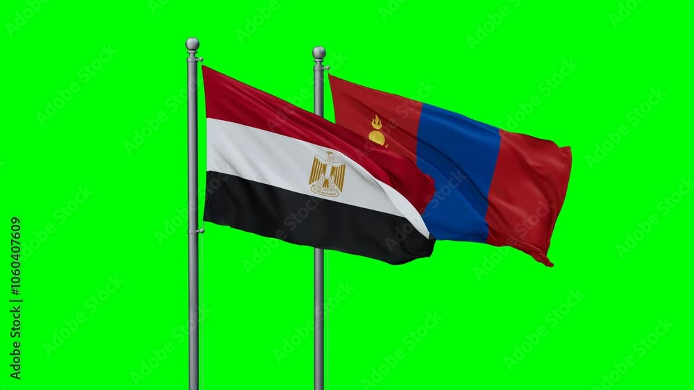 Mongolia and Egypt flags flying together, video concept of the relationship with colored chroma key for easy background remove, two country cooperation concept Mongolia and Egypt flags flying together, video concept of the relationship with colored chroma key for easy background remove, two country cooperation concept